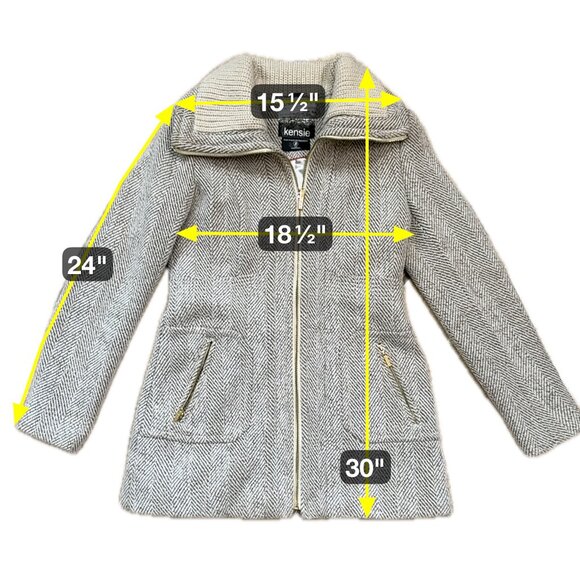 Kensie Herringbone Coat Small Beige Full Zip Ribbed Collar Cozy Chic - Picture 10 of 10